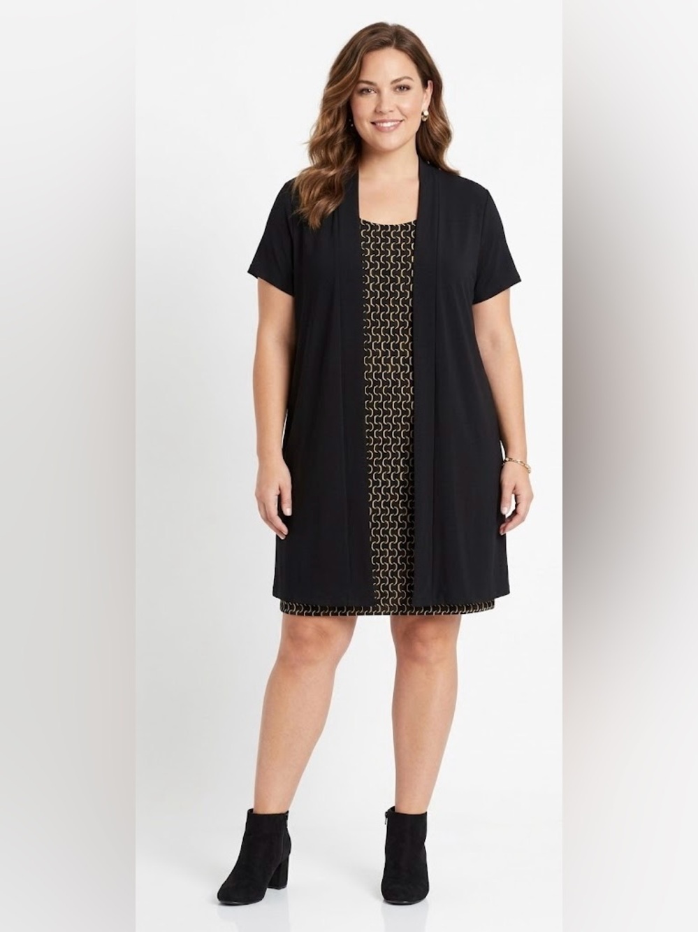 Enfocus Black Open-Front Short Sleeve Duster with Patterned Dress